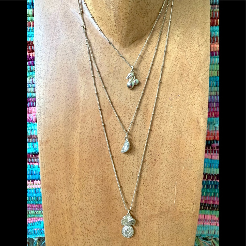 NY Triple Layered Fruit Necklace Gold Beaded Chain